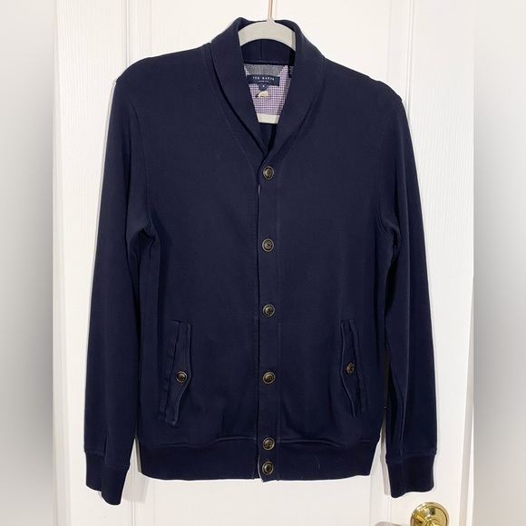 Ted Baker Shawl Collar Cotton Knit Cardigan Navy Size 3 (M)